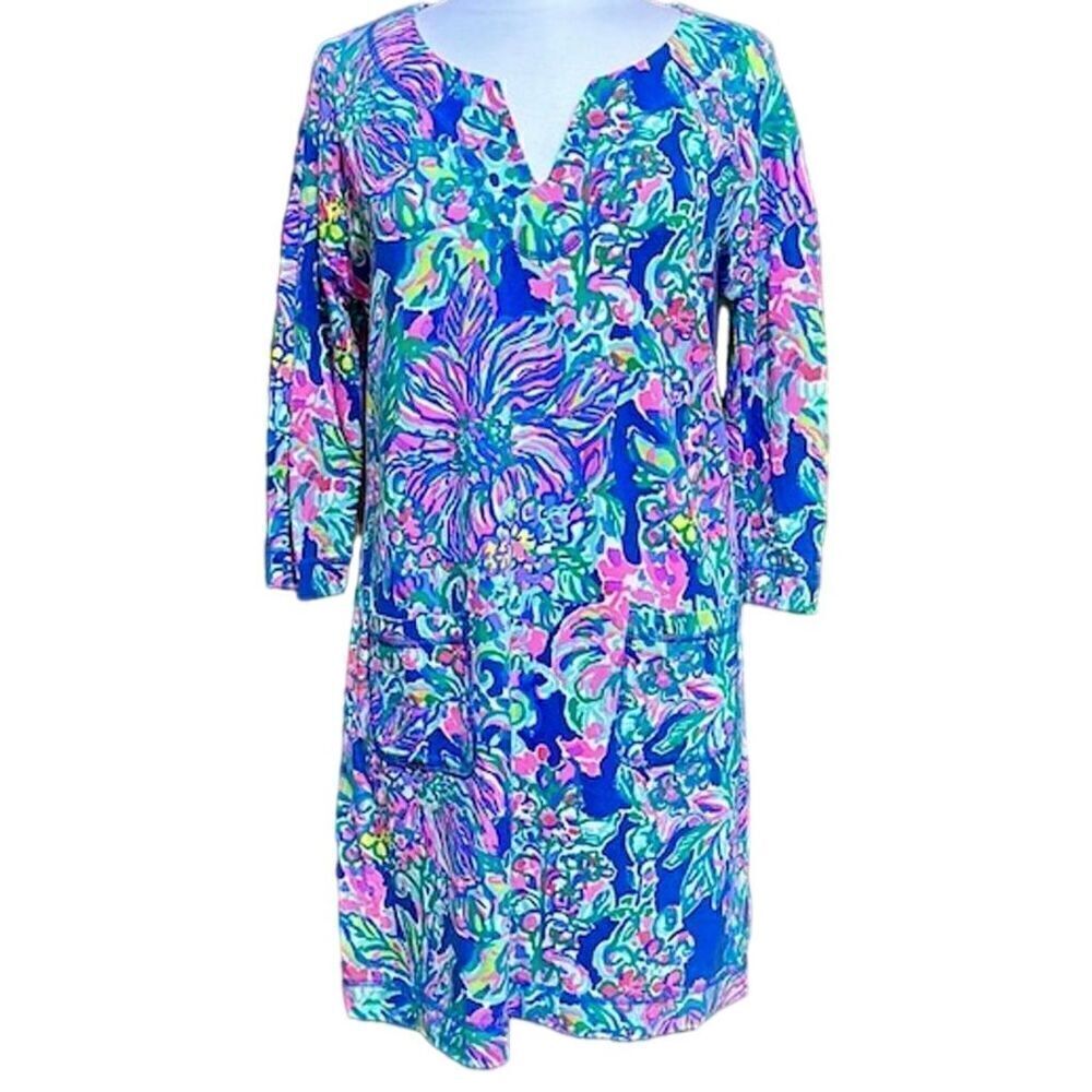 Lilly Pulitzer UPF 50+ Joyce Indigo Exotic Escapade French Terry Dress Sz M -EUC